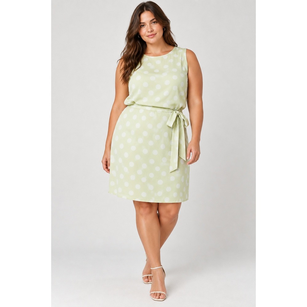 Liz Claiborne Silk Sage White Polka Dot Belted Dress 14 Retro Mod Twee Preppy